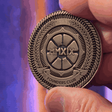 Original Founders Club challenge coin rotating to show both sides.